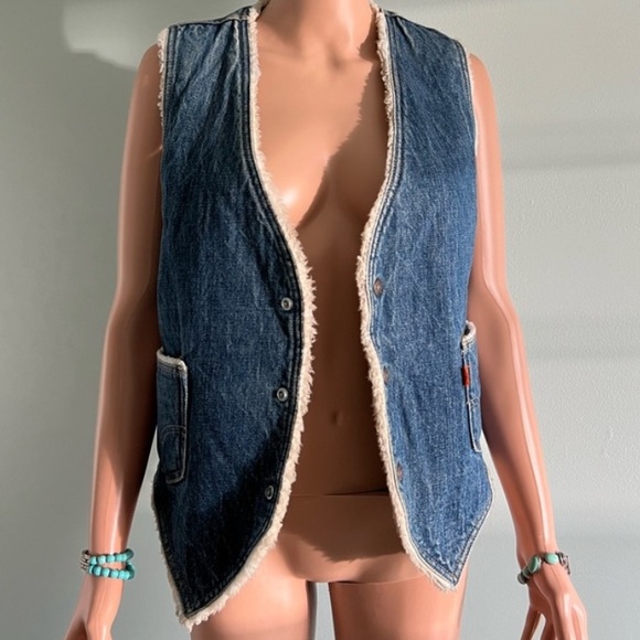 Levi's Blue Denim Jean Sherpa Vest Size M Vintage Made USA orange label unisex - Picture 2 of 11